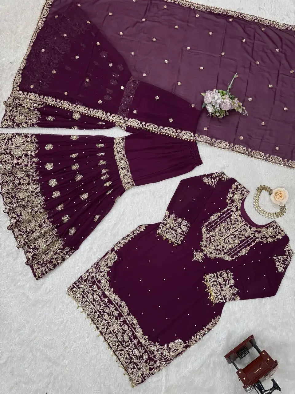 Plum Embroidered Sharara Set