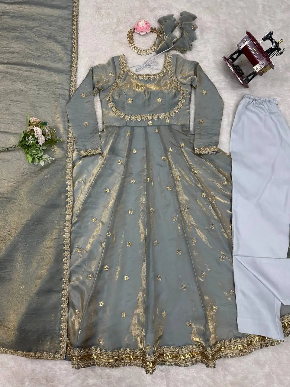 Silver Grey Embroidered Silk Gown Set