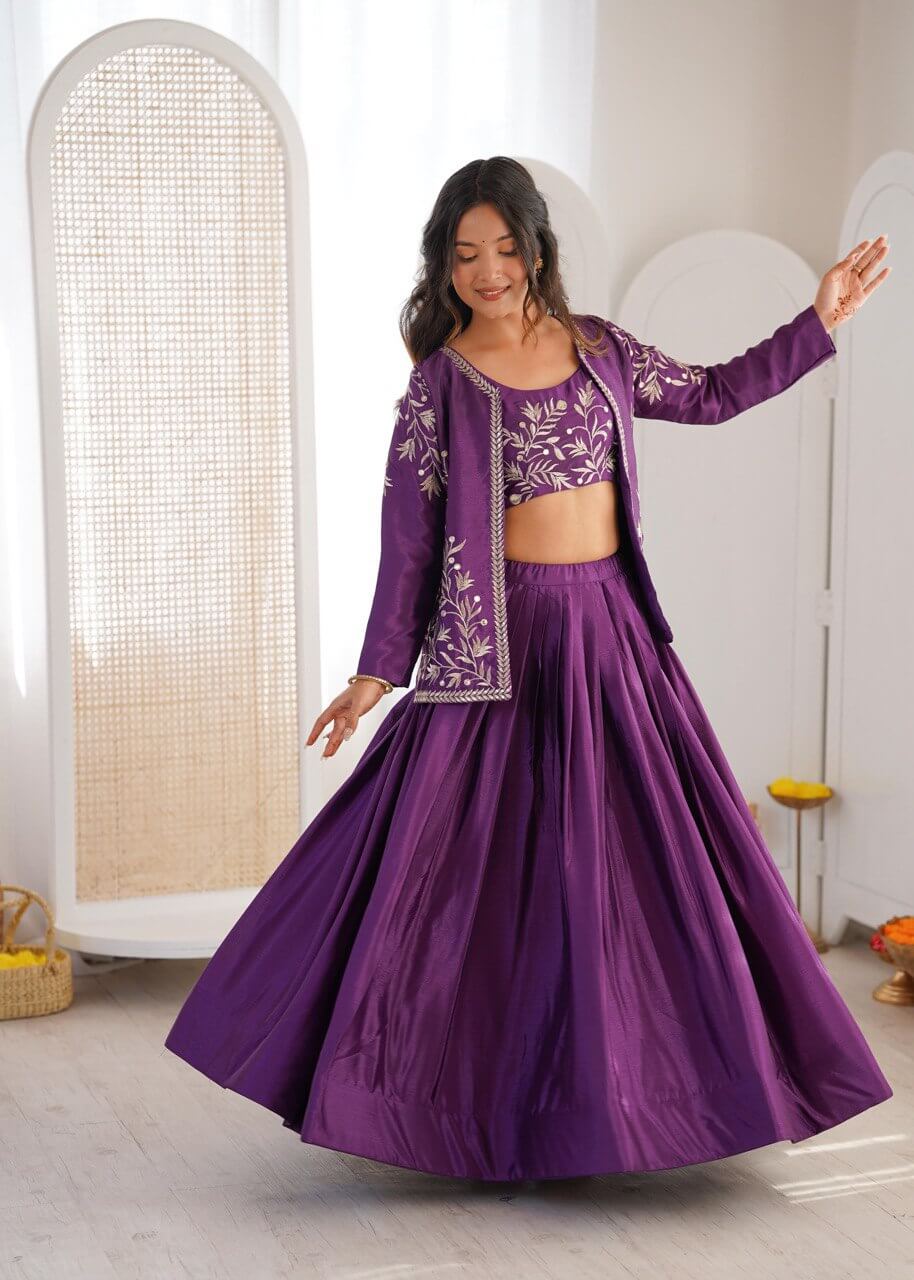 Purple Silk Lehenga with Embroidered Koti