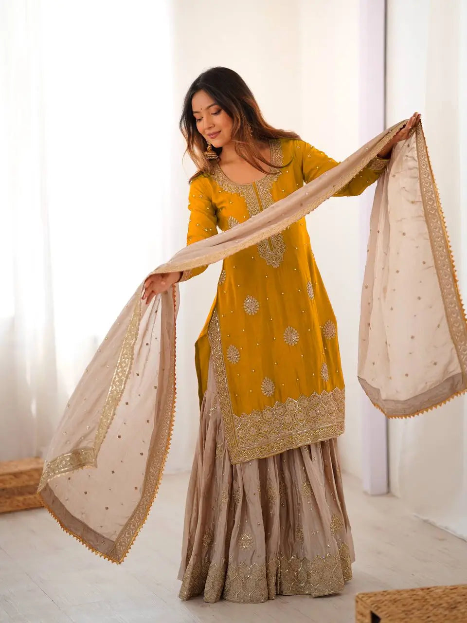 Mustard Yellow Chinon Silk Sharara Set