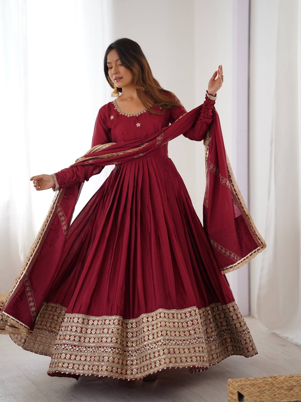 Wine Chinon Silk Embroidered Gown Set