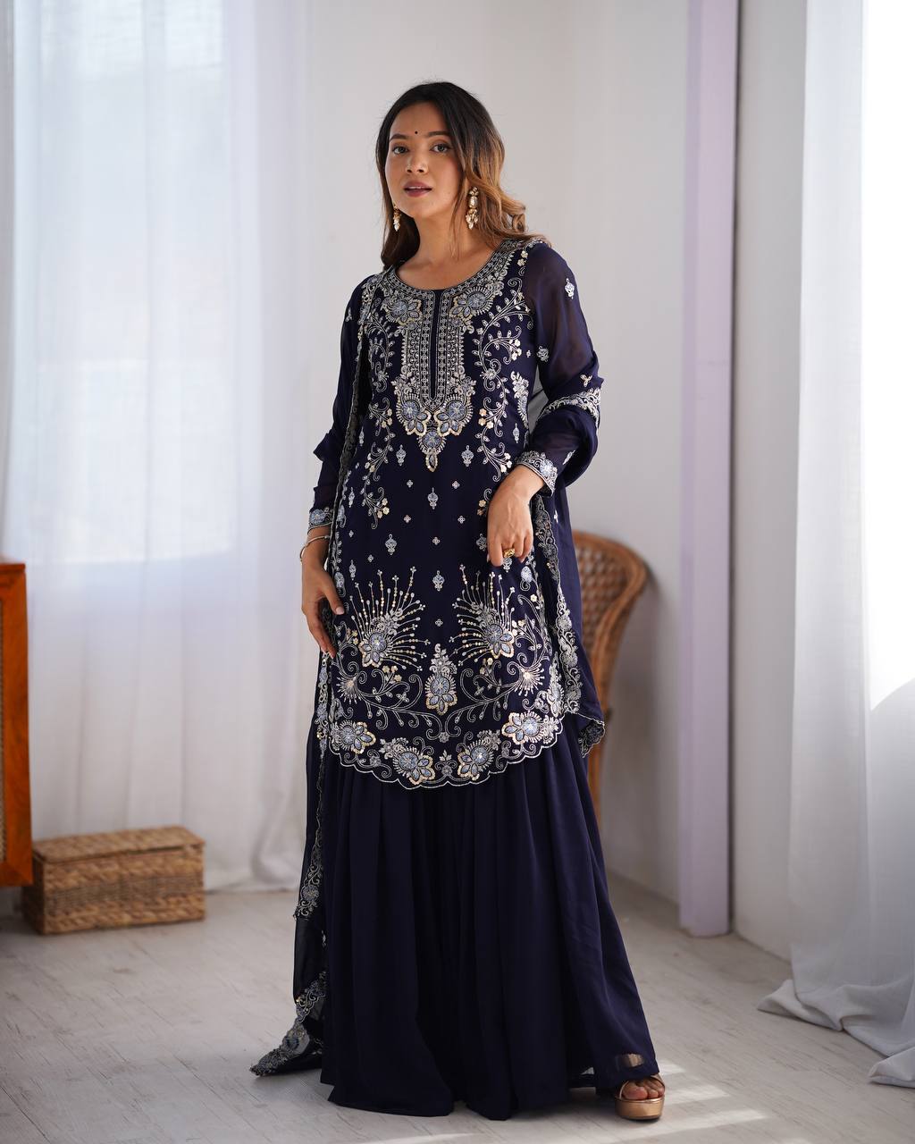 Navy Blue Faux Georgette Embroidered Sharara Set