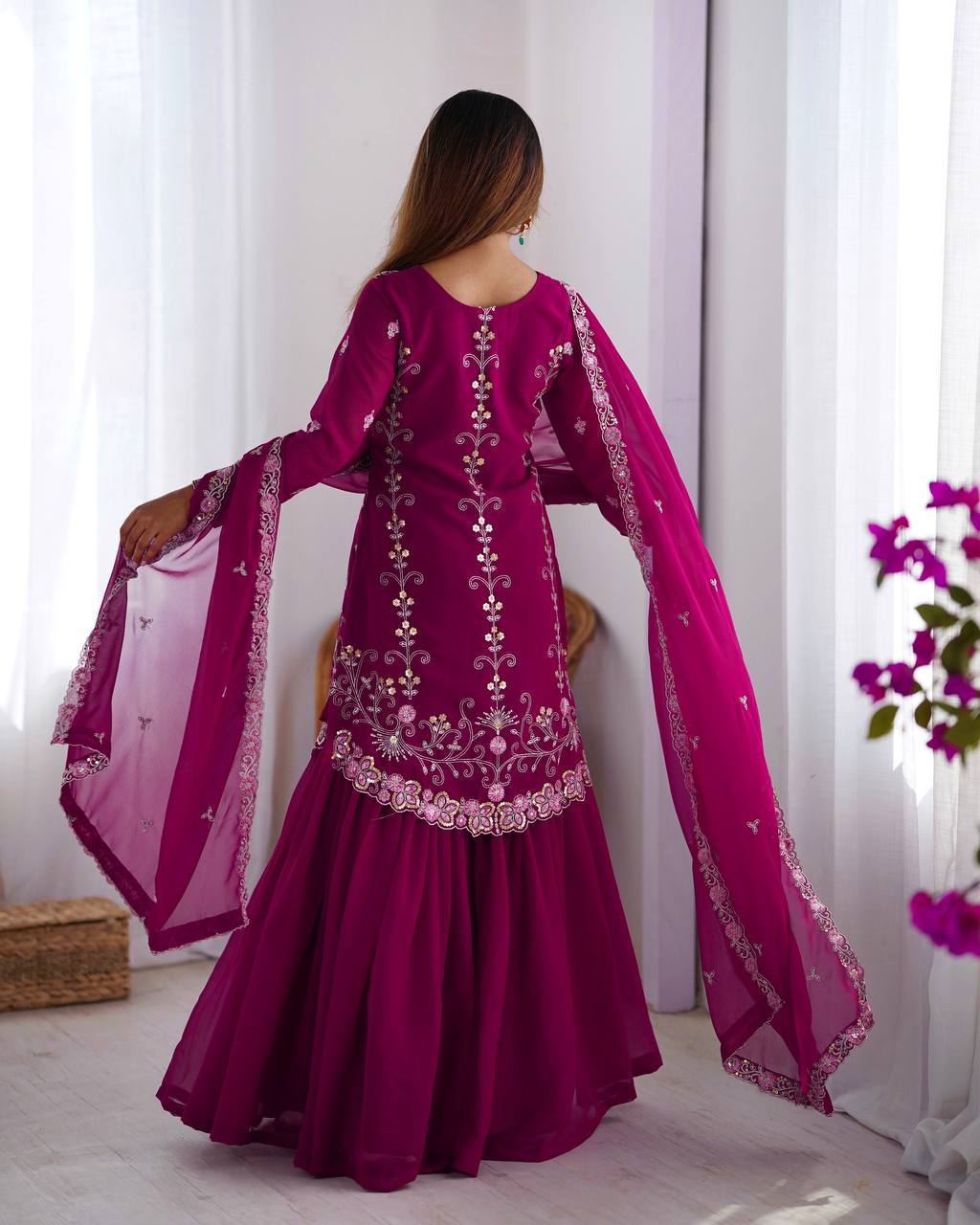 Magenta Faux Georgette Embroidered Sharara Set