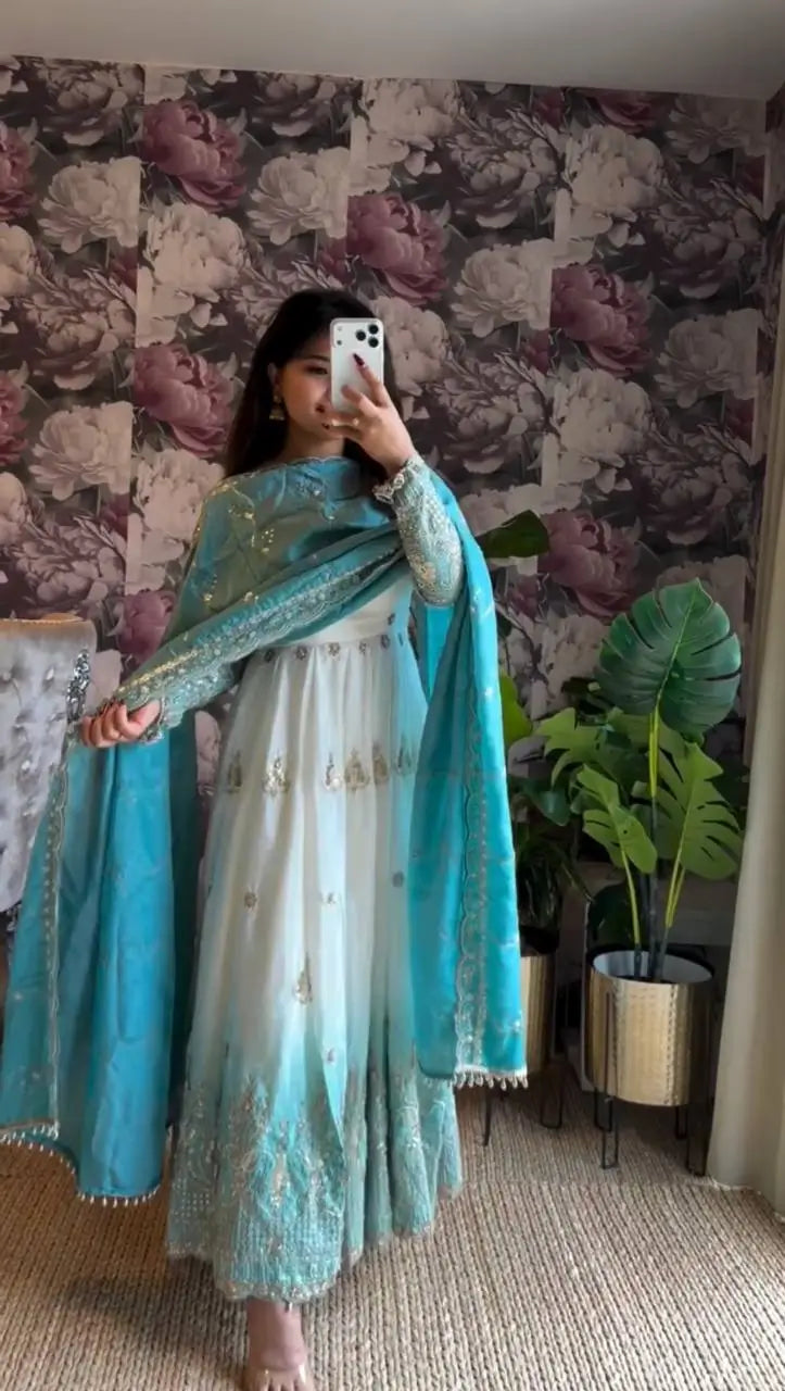 Ivory & Aqua Blue Embroidered Anarkali Set