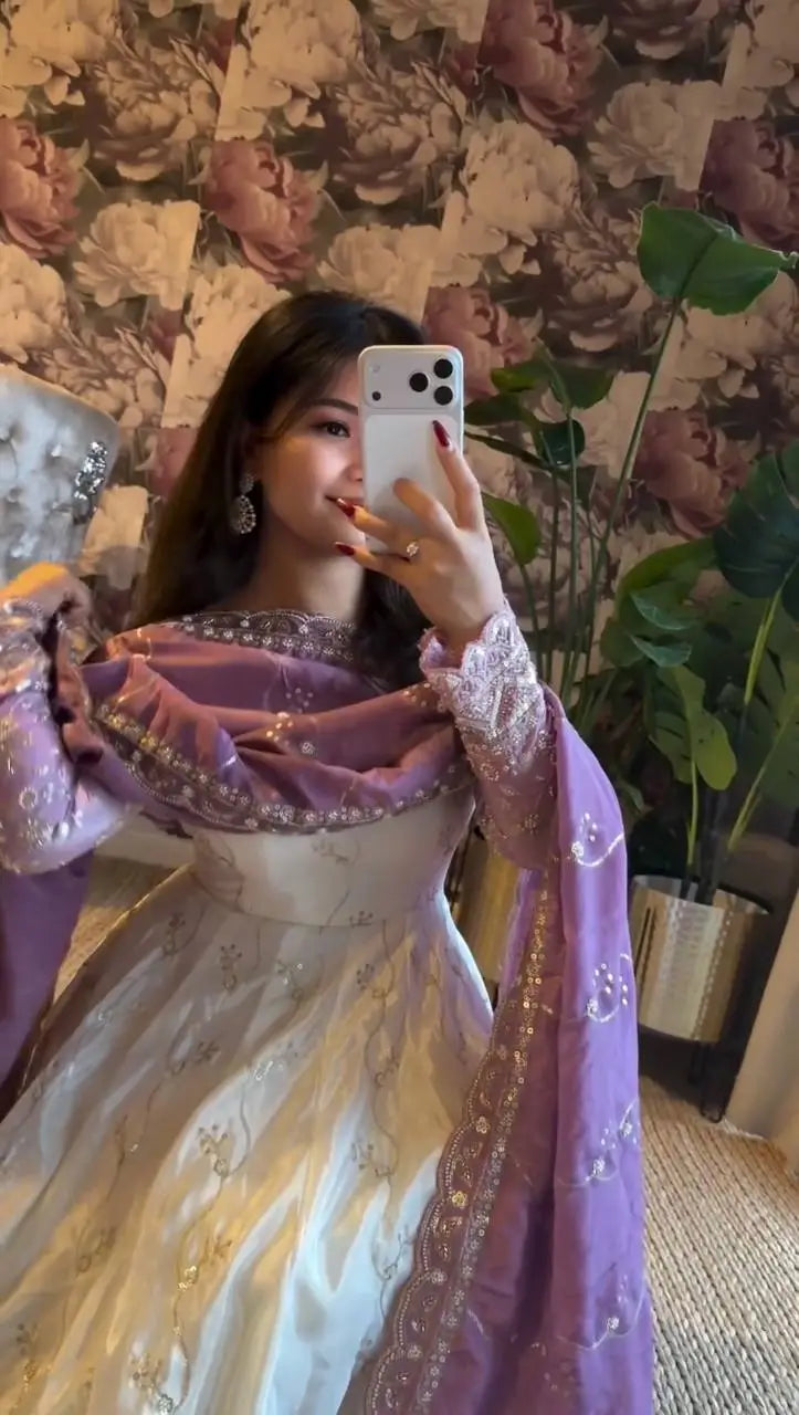 Ivory & Lavender Embroidered Anarkali Set