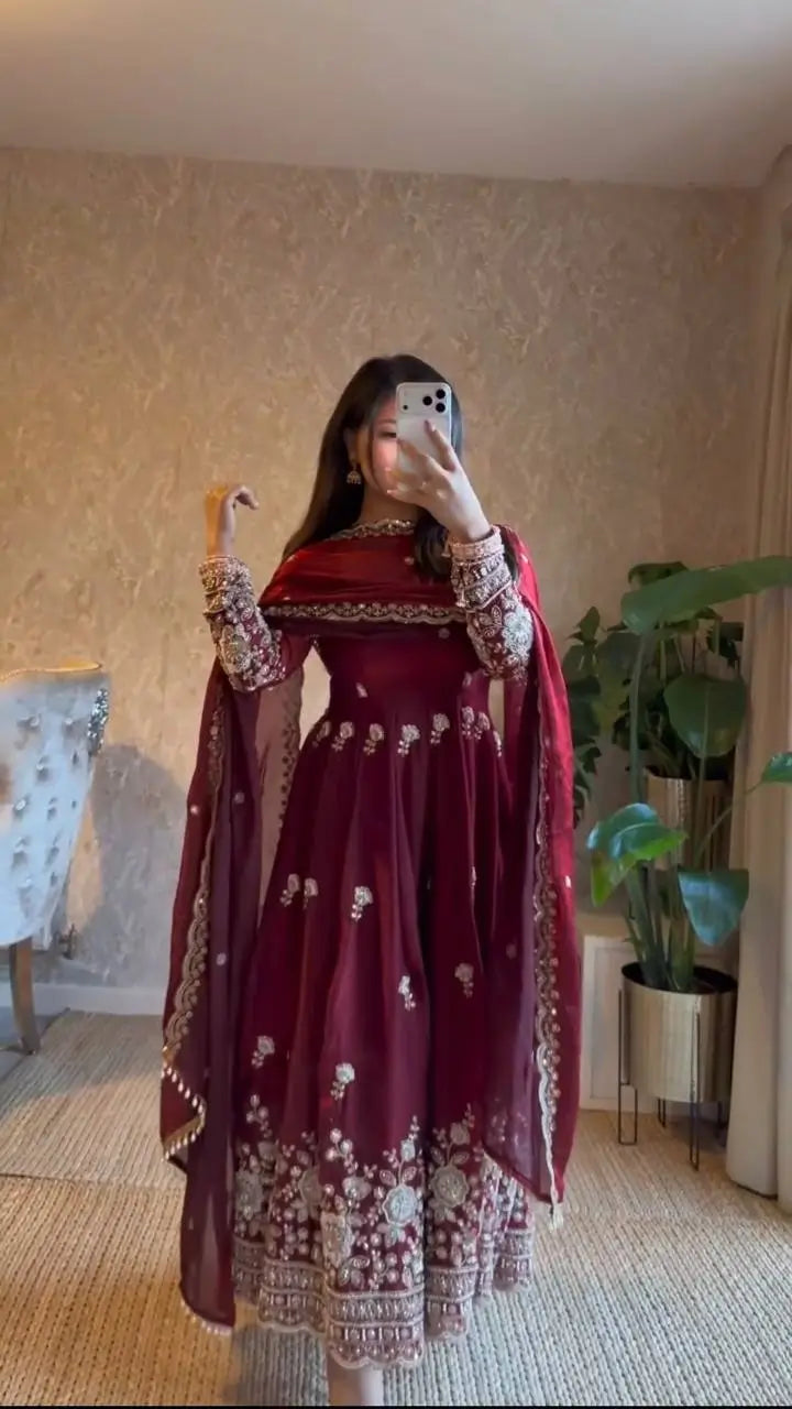 Wine Red Fendy Silk Anarkali Suit Set