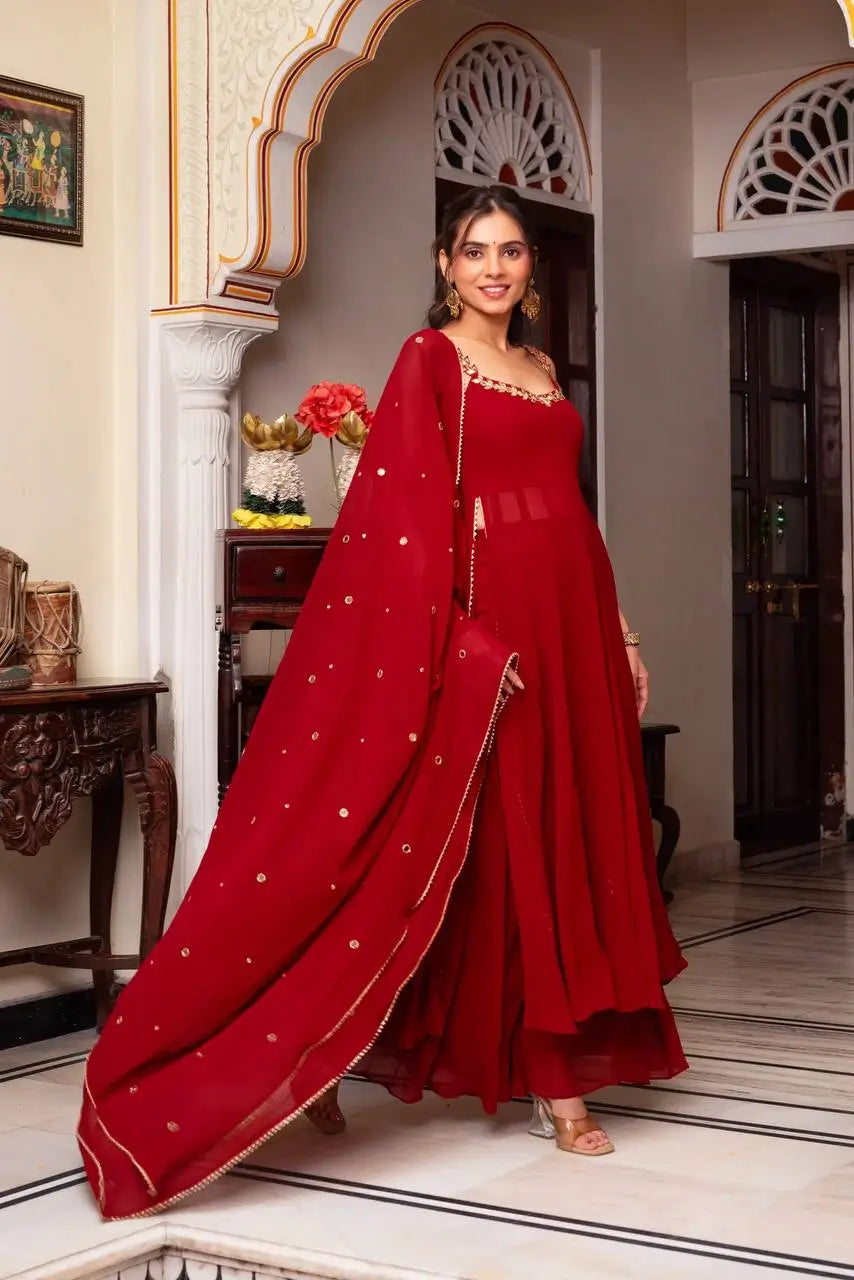 Ruby Red Georgette Anarkali Palazzo Suit Set