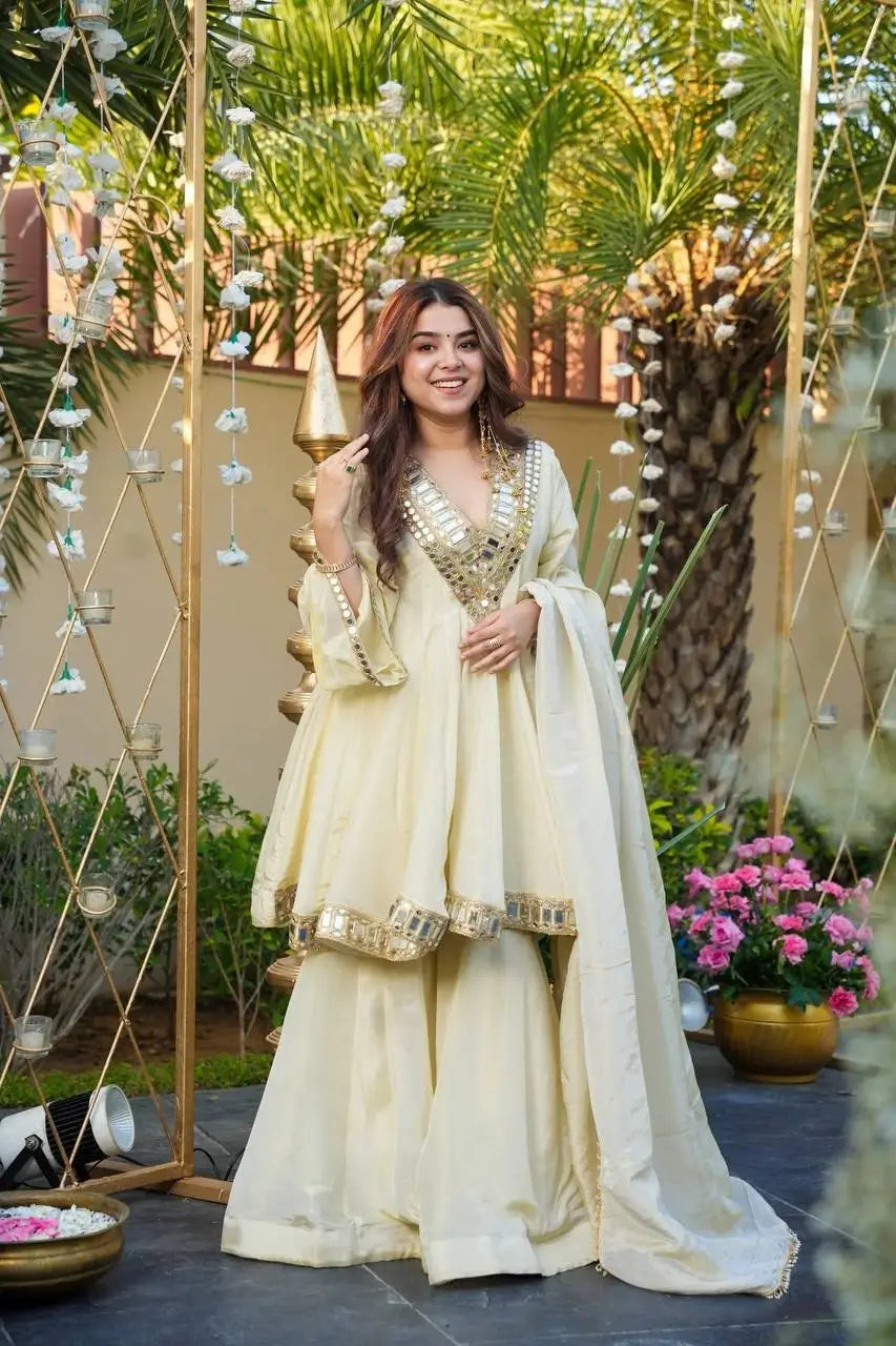 Ivory Cream Cosmos Silk Kurta Palazzo Suit Set