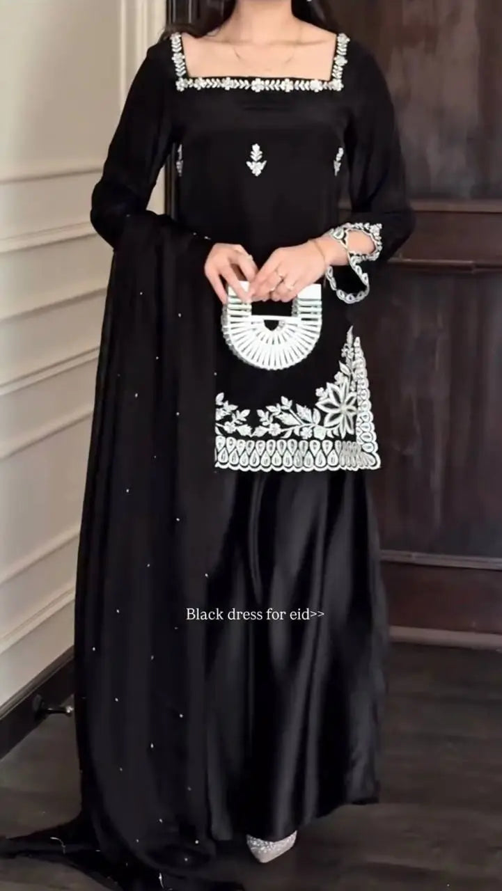 Black Natural Crepe Palazzo Suit Set