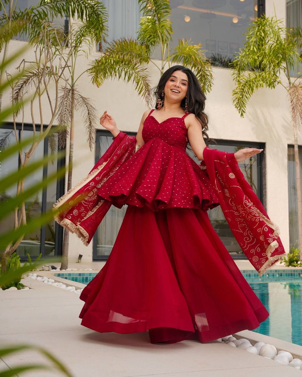 Crimson Red Tabby Organza Mukesh Work Palazzo Set