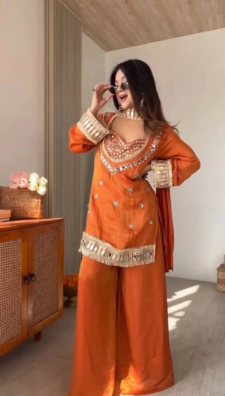 Orange Mirror Work Fendy Silk Kurta Palazzo Set