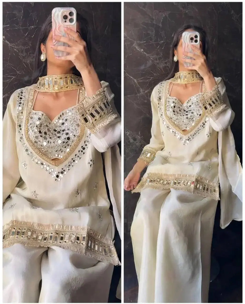 Off White Mirror Work Fendy Silk Kurta Palazzo Set