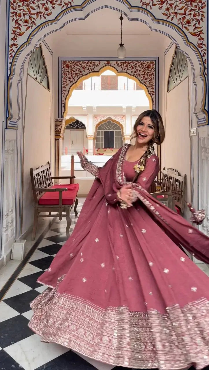 Rose Pink Chanderi Silk Embroidered Gown Pant Set