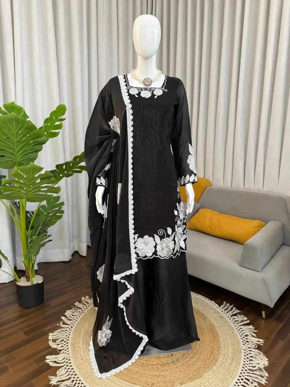 Black Embroidered Fendy Silk Palazzo Suit Set
