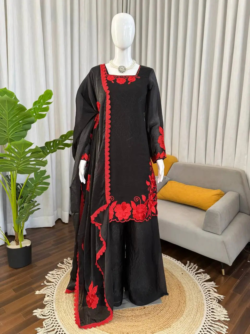 Black & Red Embroidered Fendy Silk Palazzo Suit Set
