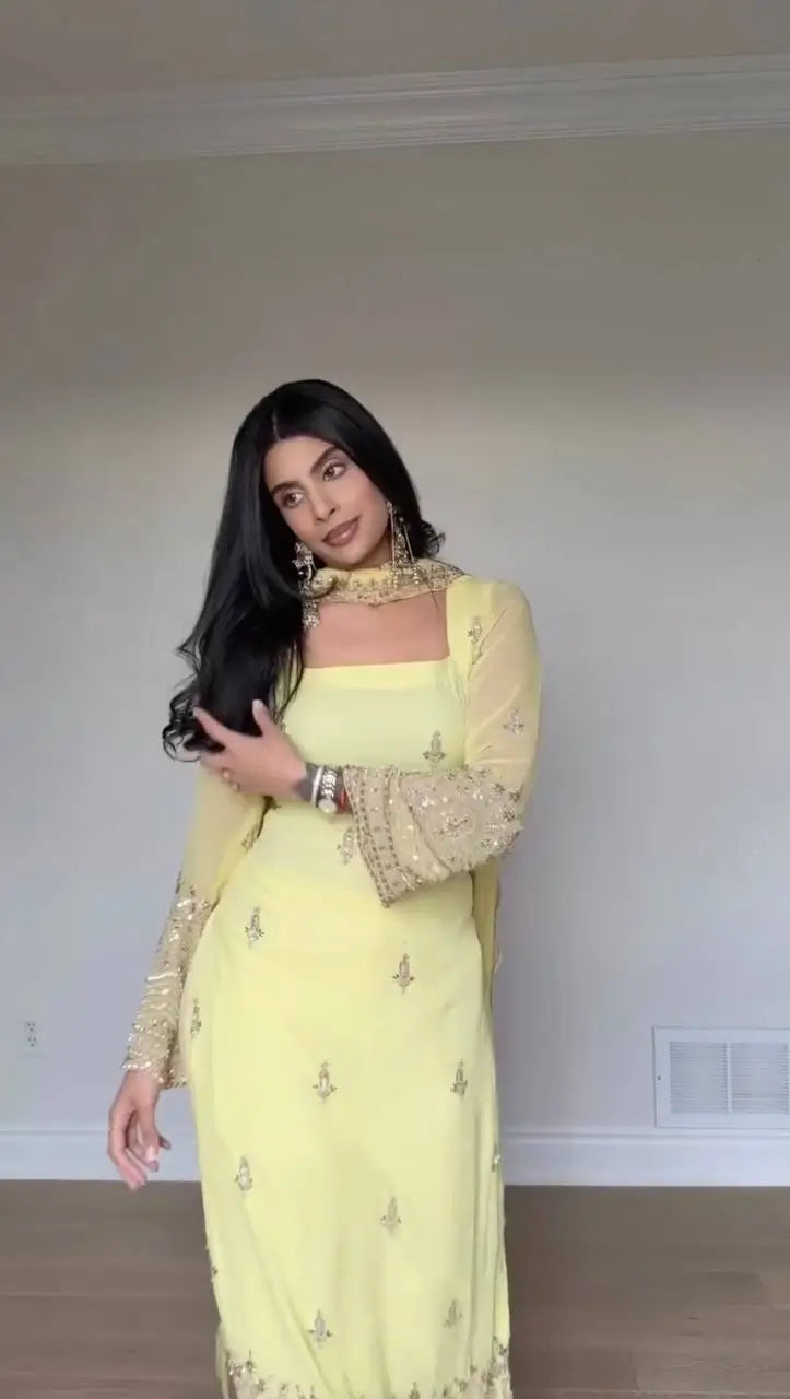 Yellow Faux Georgette Embroidered Straight Suit Set
