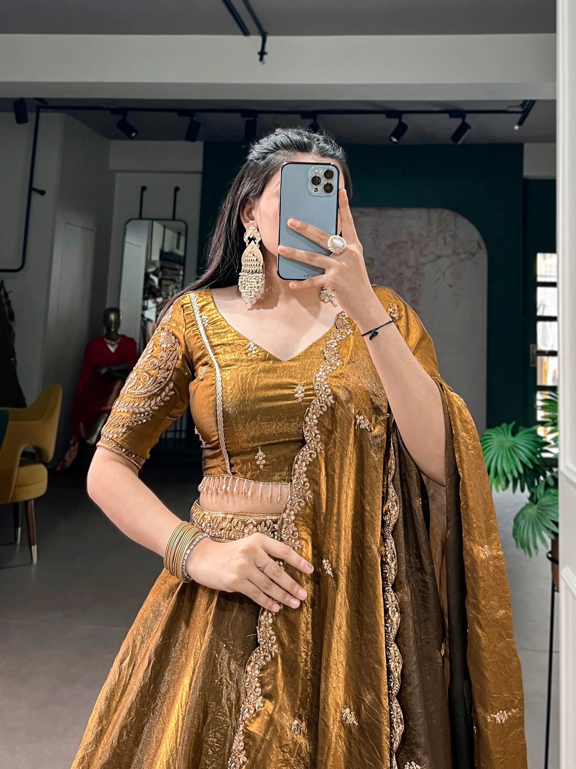 antique brown lehenga choli blouse close up embroidery
