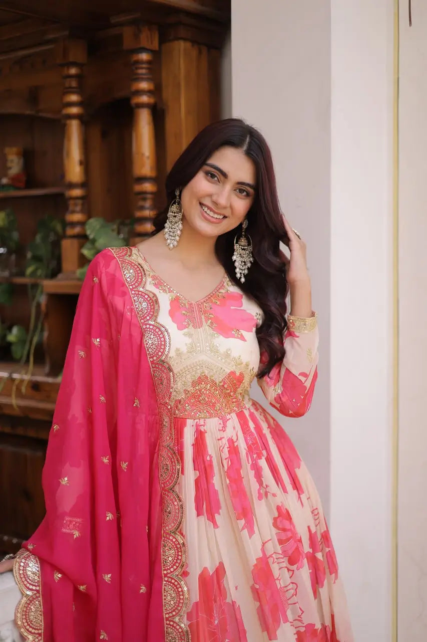 V-neck gold zari embroidery detail on cream pink floral print Russian silk anarkali gown