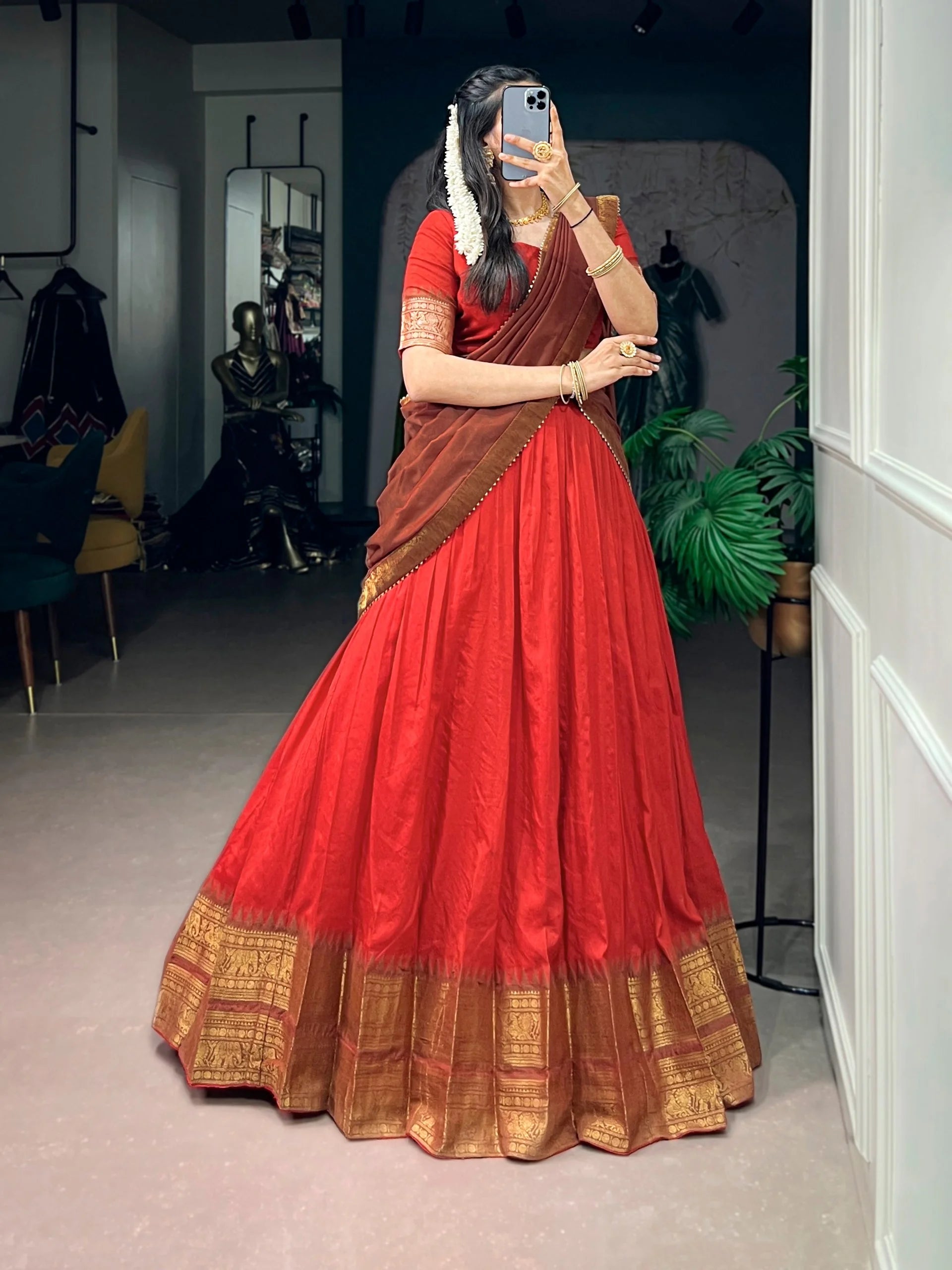 Red lehenga choli zari woven border dupatta South Indian festive