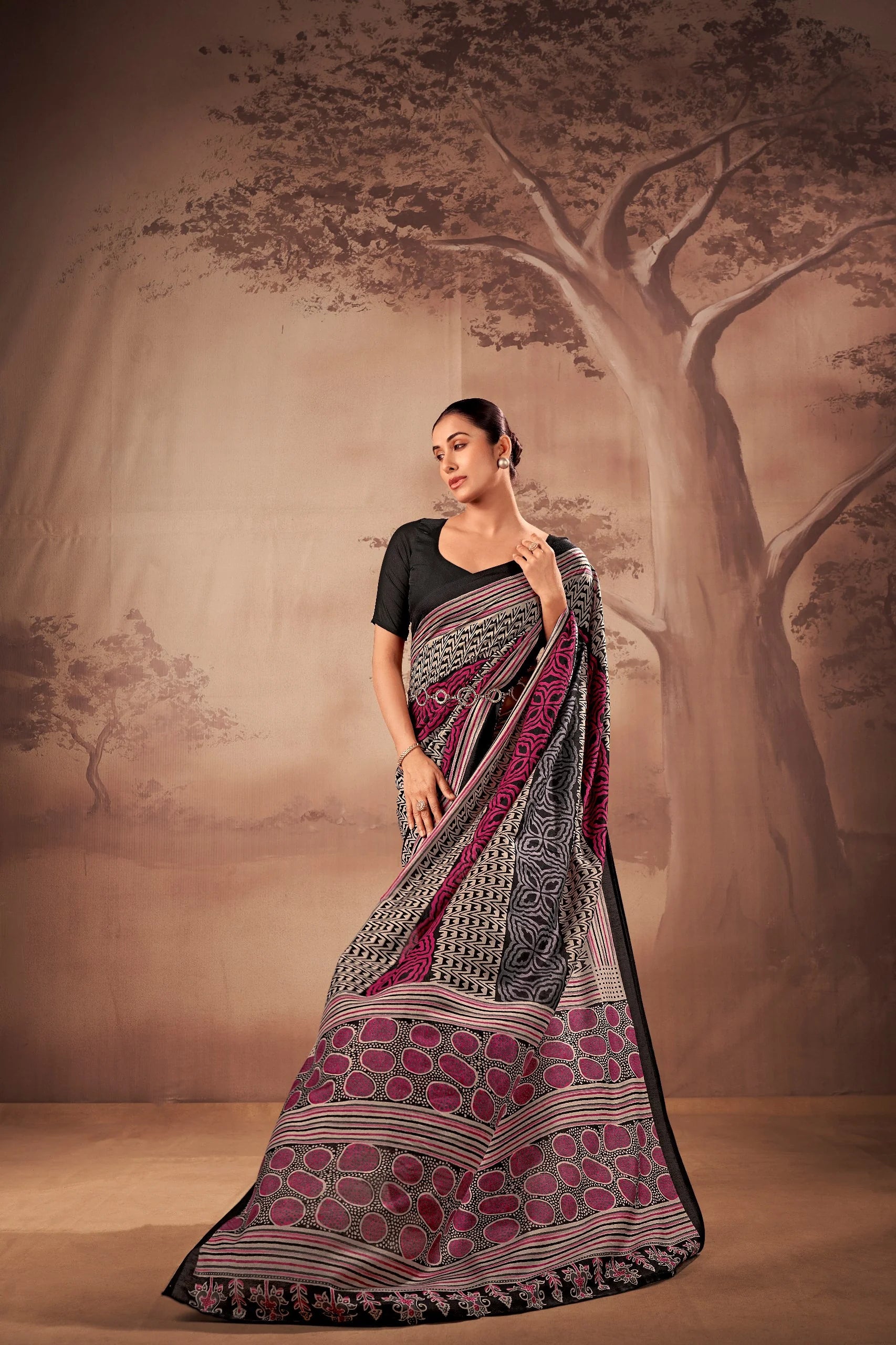 printed saree for women black magenta second angle view