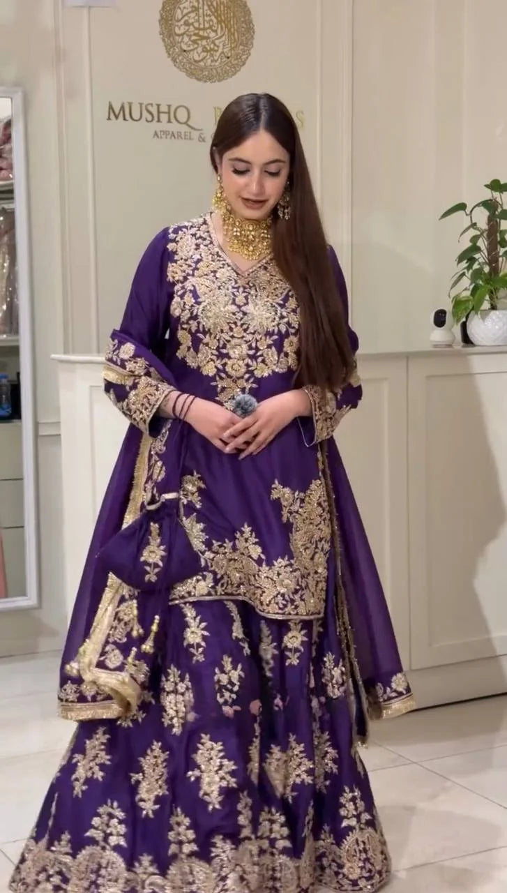Purple bridal sharara set with sequin thread work for wedding occasions