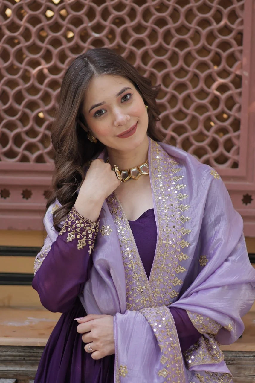 purple gown with dupatta front standing view