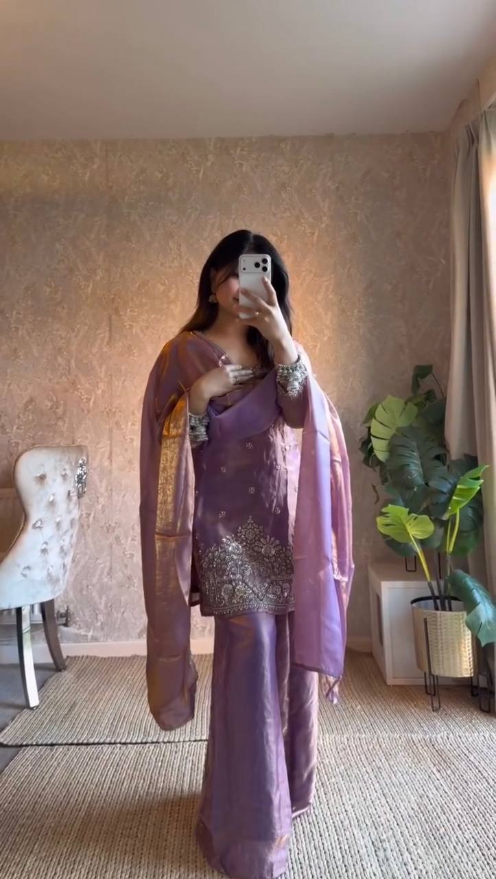 Purple embroidered kurta palazzo set with dupatta styling for ethnic and festive wear