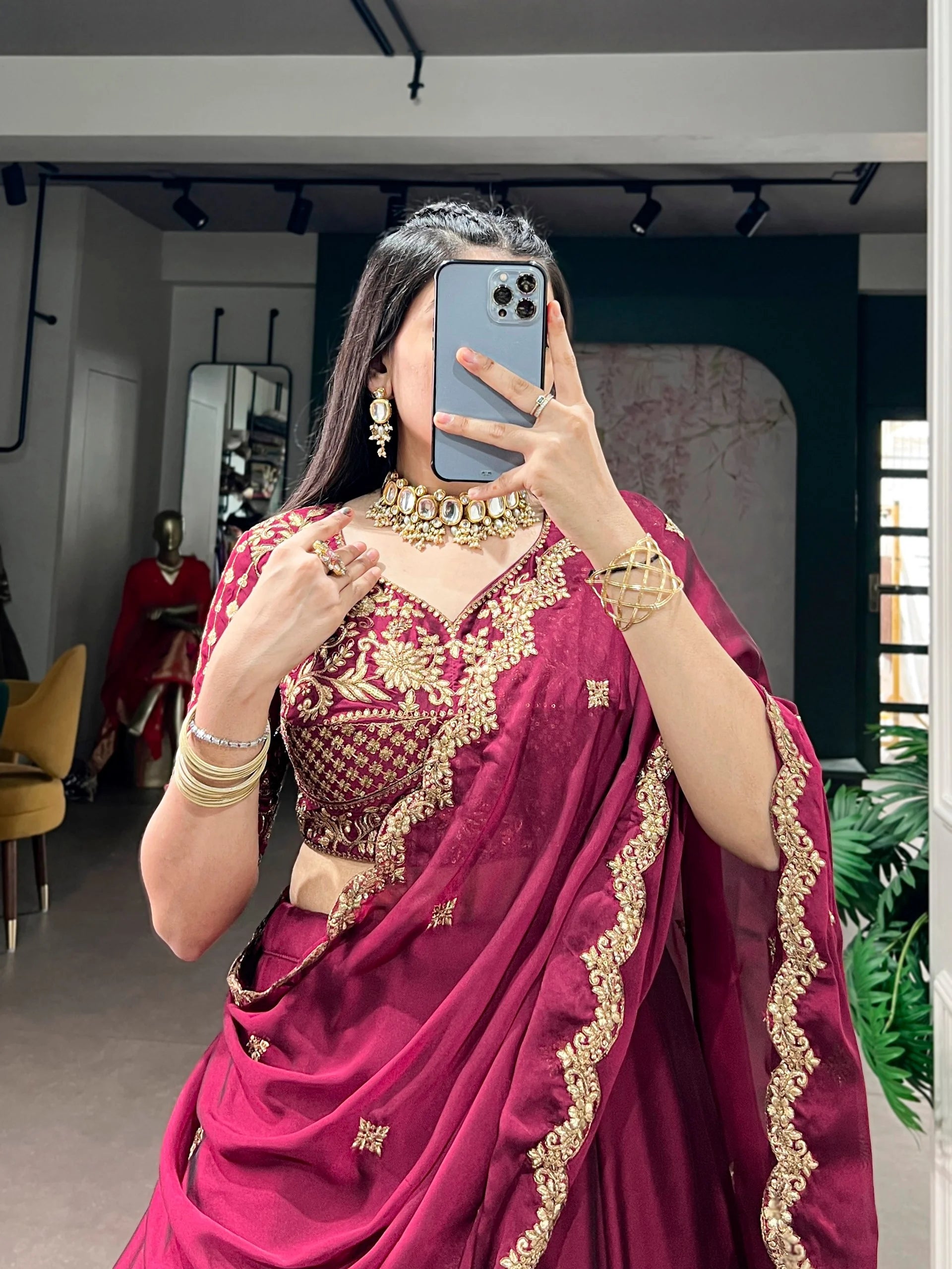 rust lehenga choli sequin thread embroidered blouse detail