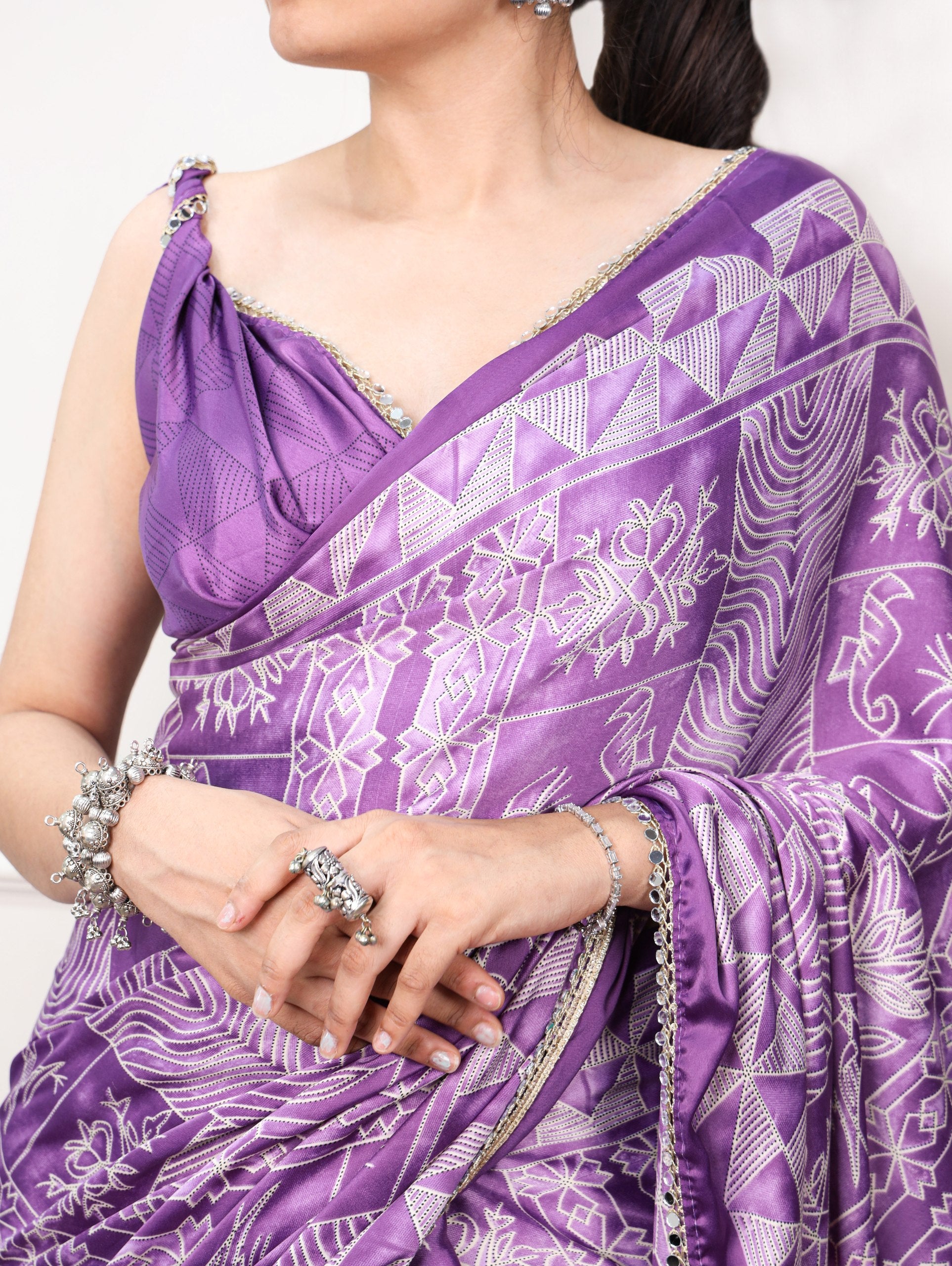 satin silk saree purple geometric print blouse closeup mirror lace