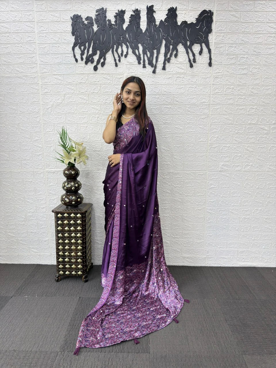 purple semi gajji silk saree with real mirror work and printed border pallu