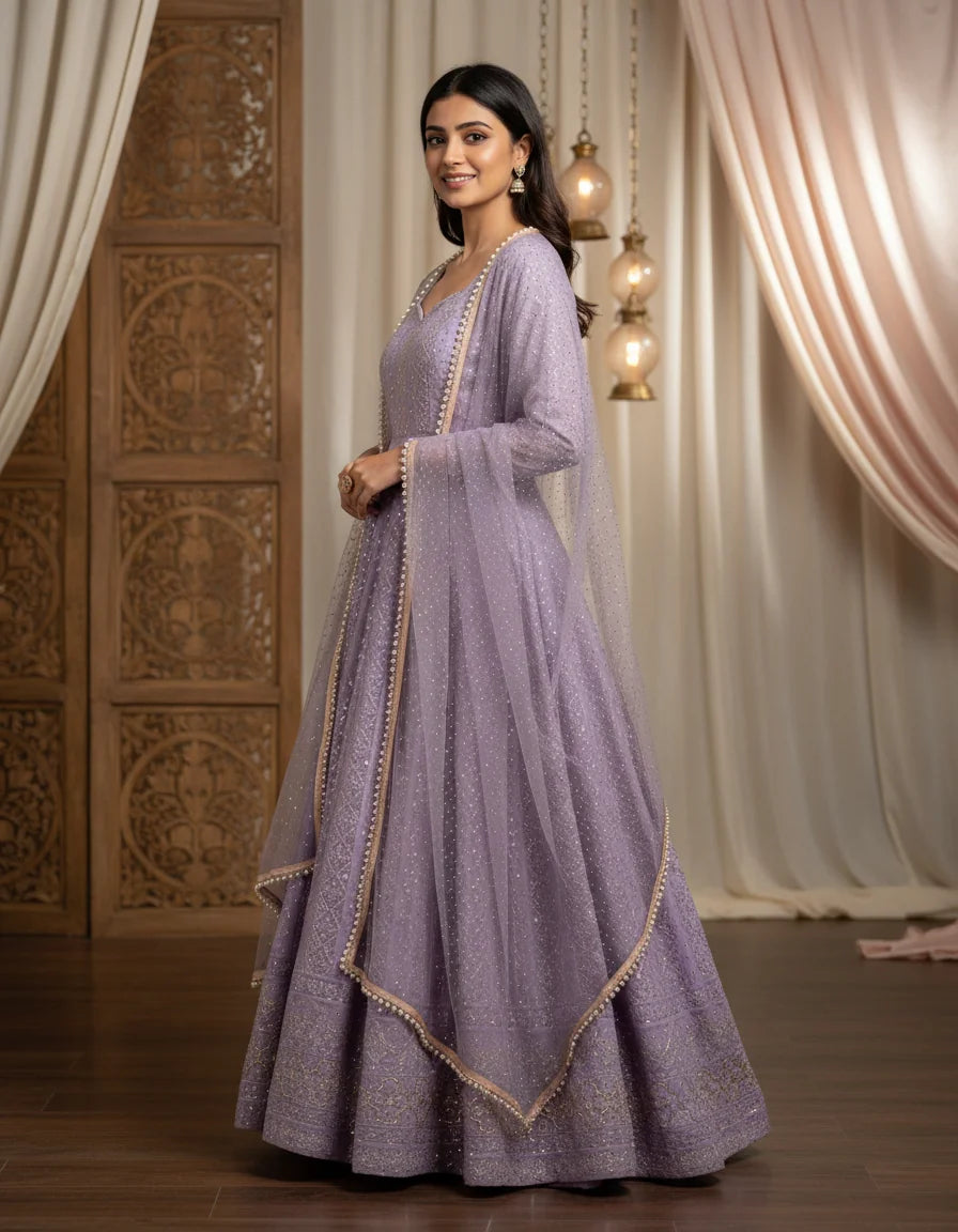 Lavender sequin georgette anarkali gown with dupatta side view