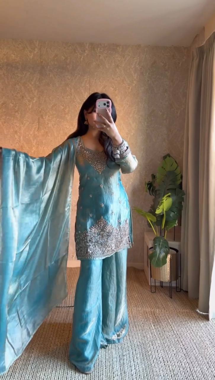 Teal kurta palazzo set with dupatta styling and embroidery for festive and ethnic wear