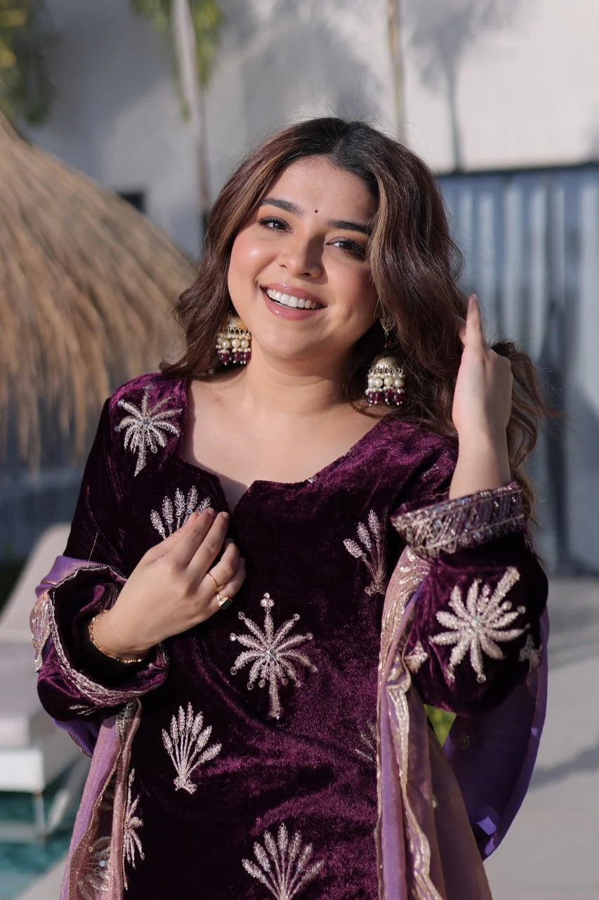 wine velvet suit zari embroidered top closeup