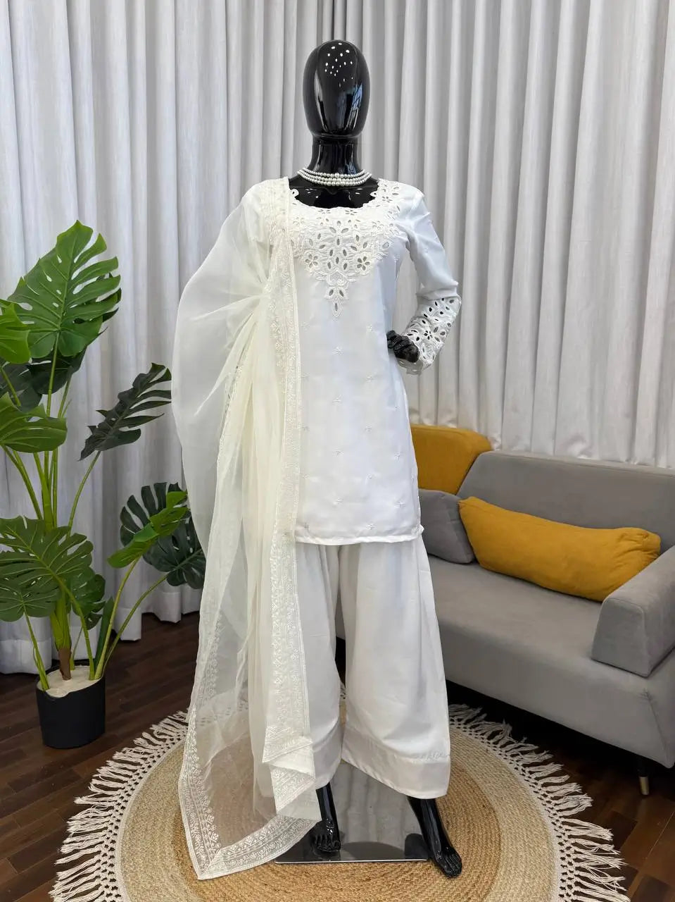 Elegant Off White Crepe Farshi Salwar Suit Set