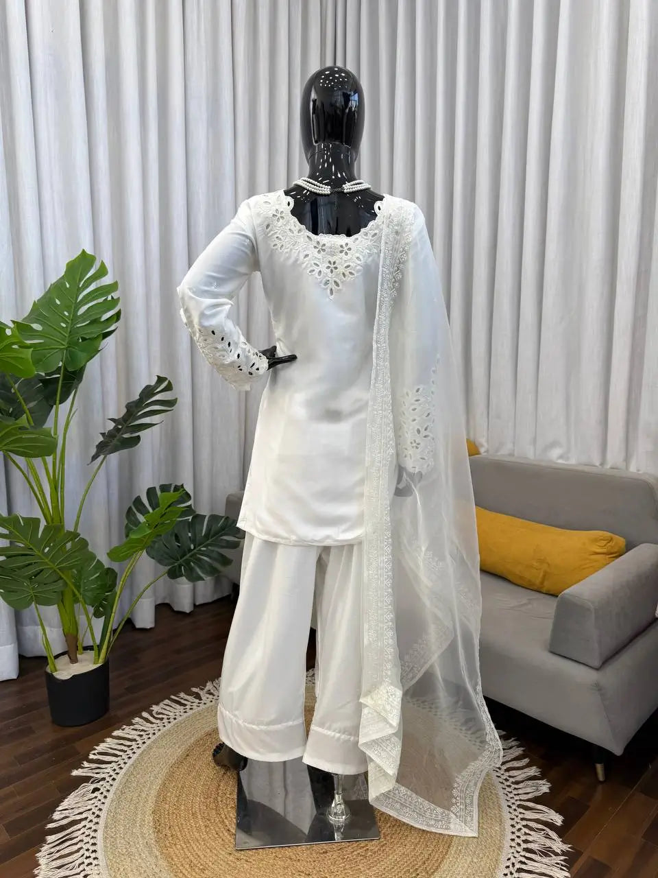 Elegant Off White Crepe Farshi Salwar Suit Set