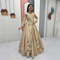 Beige Embroidered Vichitra Silk Crop Top Lehenga Set with Shrug for Women