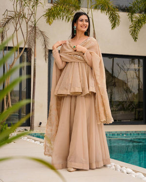 Beige Tabby Organza Mukesh Work Palazzo Set
