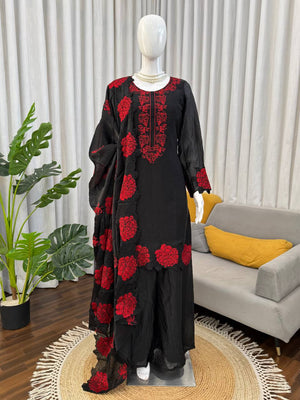 Black Floral Embroidered Fendy Silk Palazzo Set with Dupatta