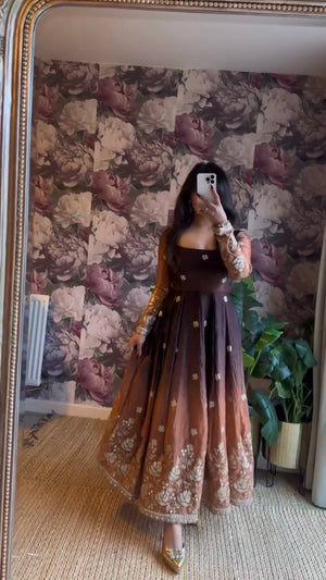 Brown Ombre Chinon Silk Embroidered Anarkali Set