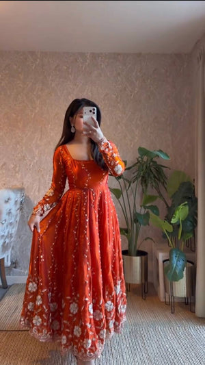 Burnt Orange Fendy Silk Embroidered Anarkali Set
