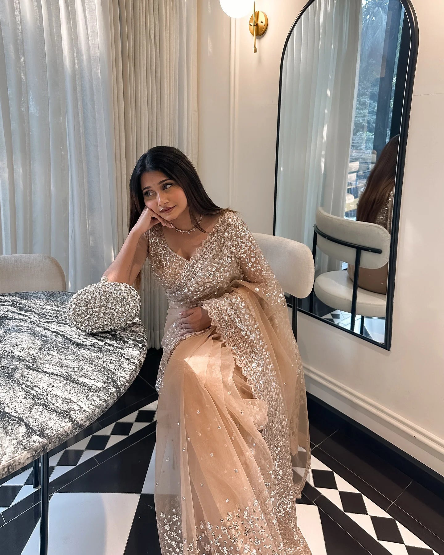 Champagne Beige Butterfly MonoNet Embroidered Saree with Sequin Work Satin Silk Inner Sheet view