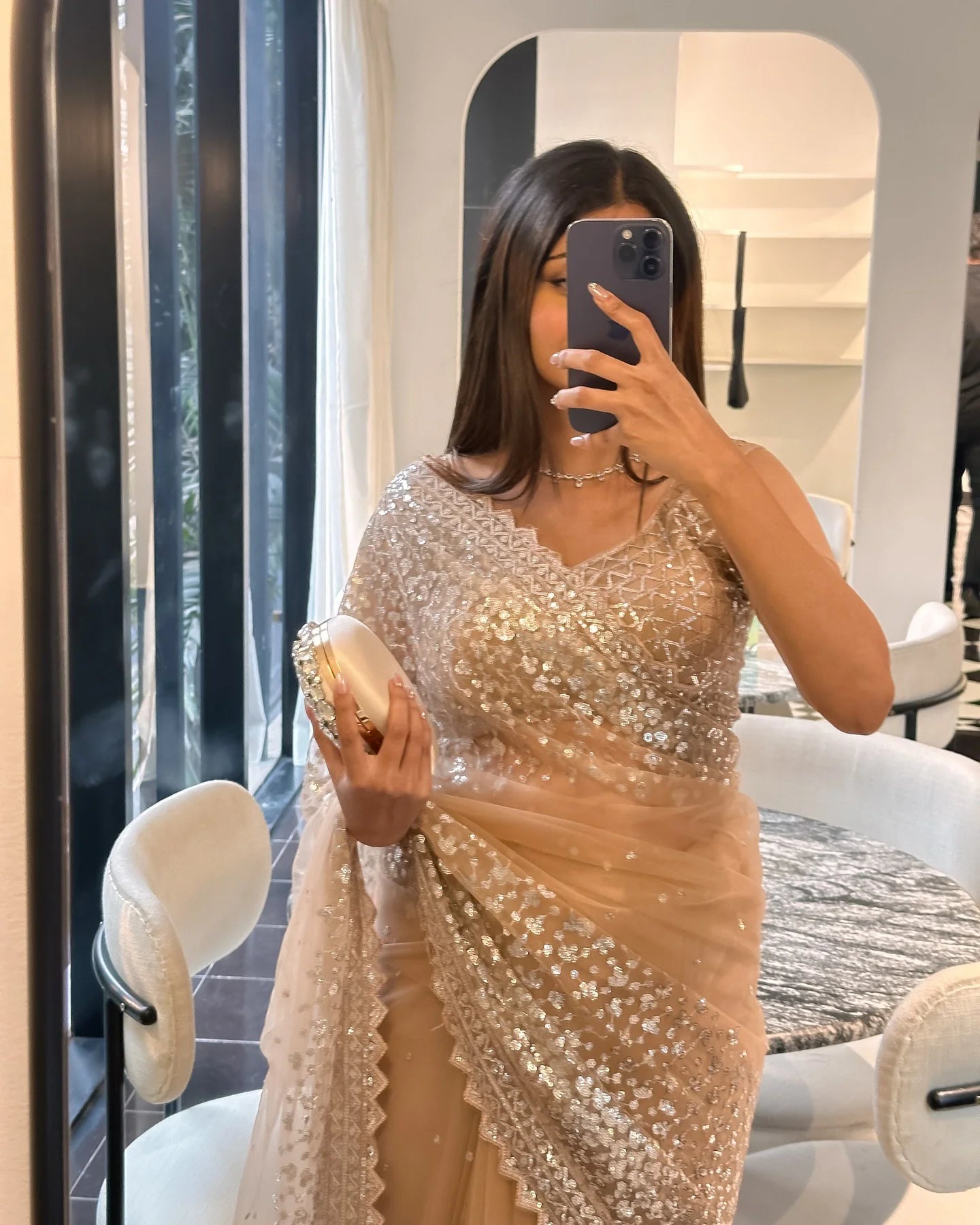 Champagne Beige Butterfly MonoNet Embroidered Saree with Sequin Work Satin Silk Inner Blouse view