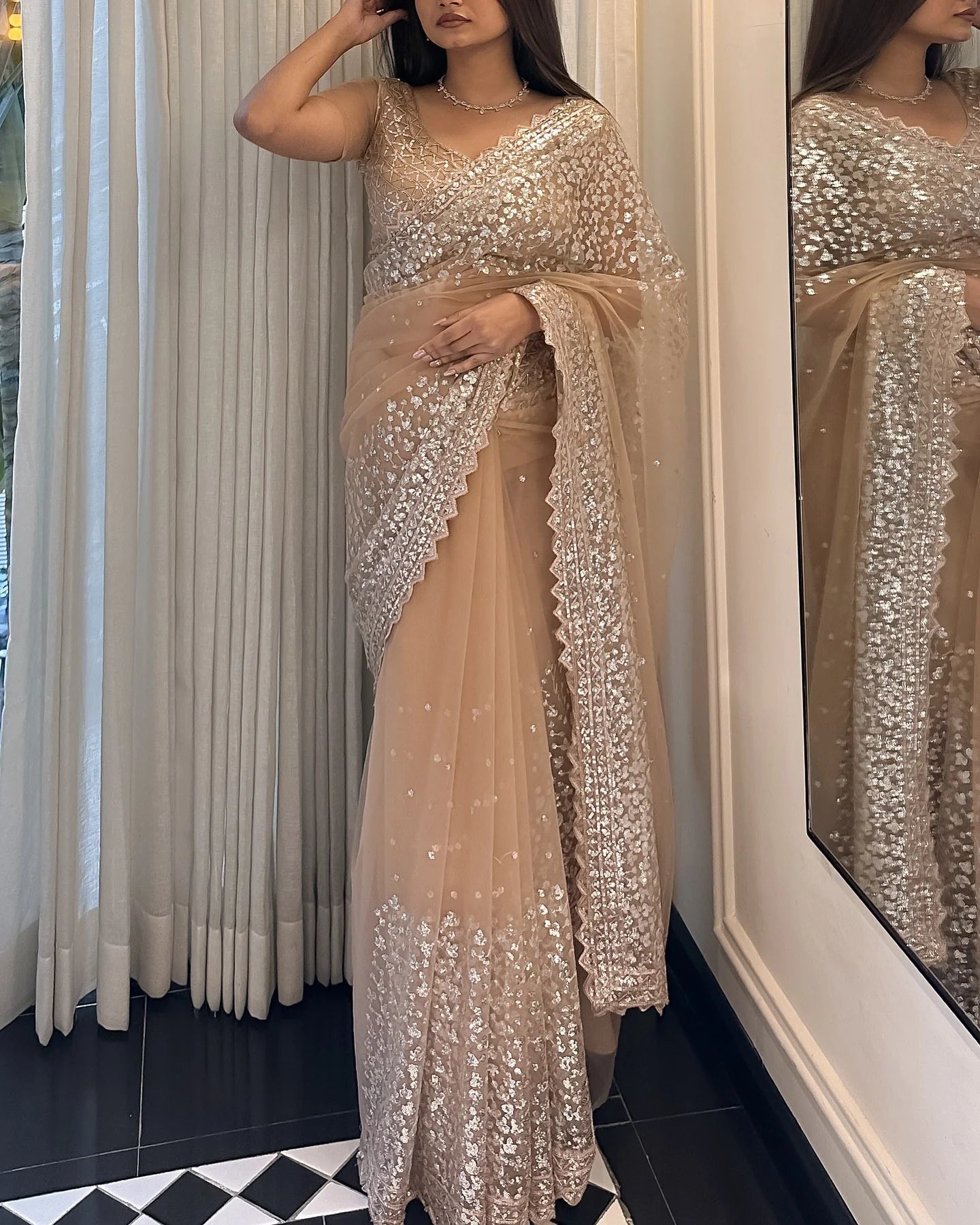 Champagne Beige Butterfly MonoNet Embroidered Saree with Sequin Work Satin Silk Inner Front