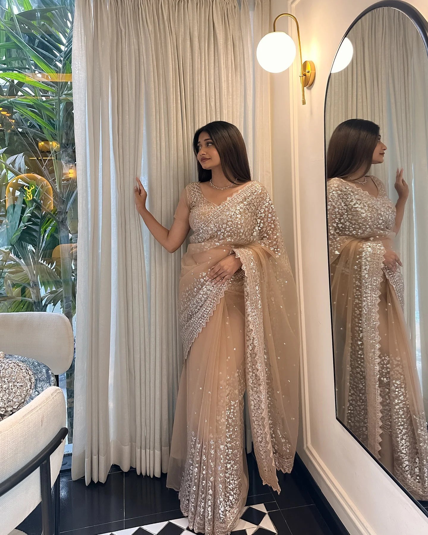 Champagne Beige Butterfly MonoNet Embroidered Saree with Sequin Work Satin Silk Inner Side view