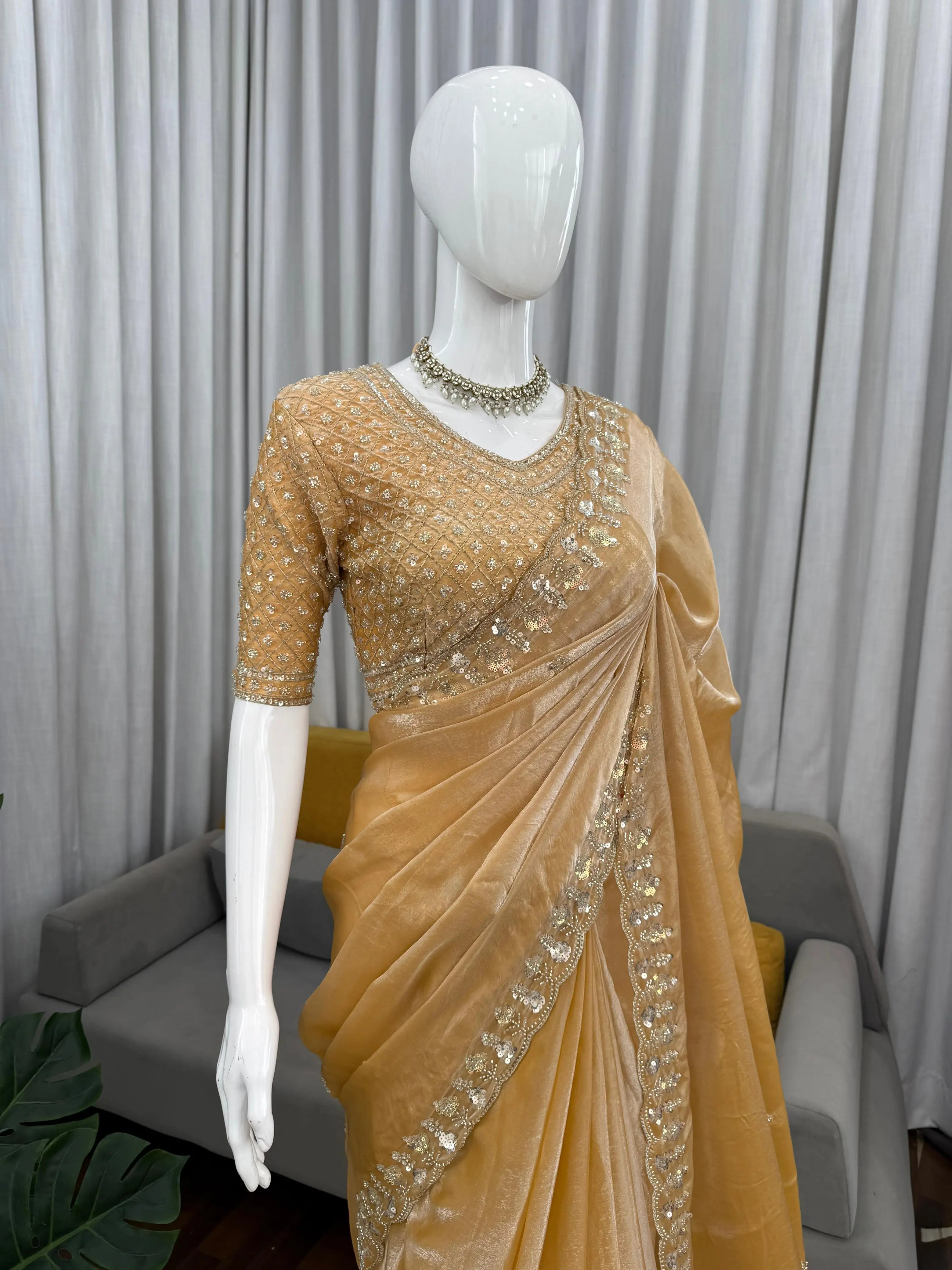 Champagne Gold Designer Saree with Heavy Work Blouse | Party Wear Side View