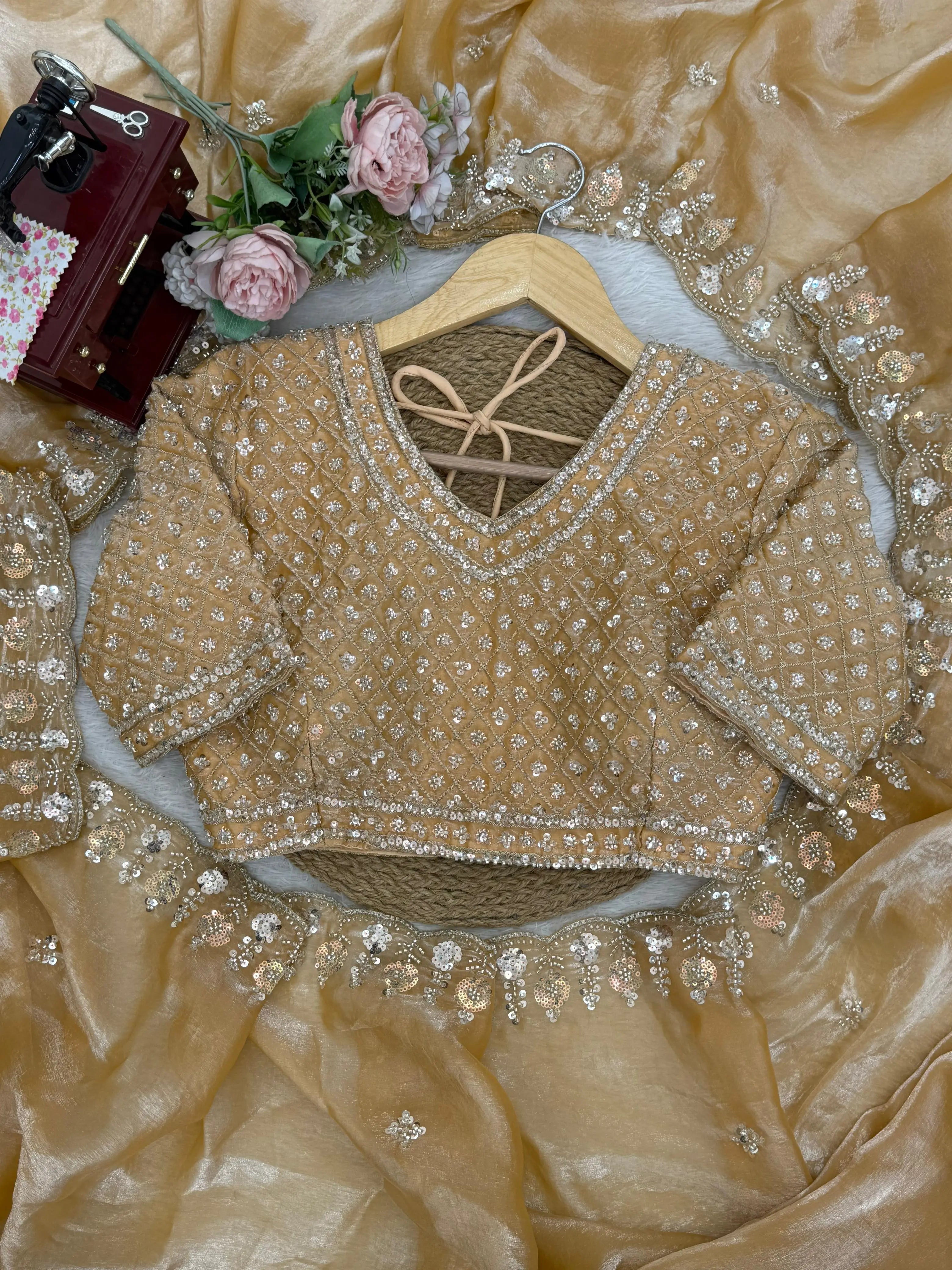 Champagne Gold Designer Saree with Heavy Work Blouse | Party Wear Full View Details