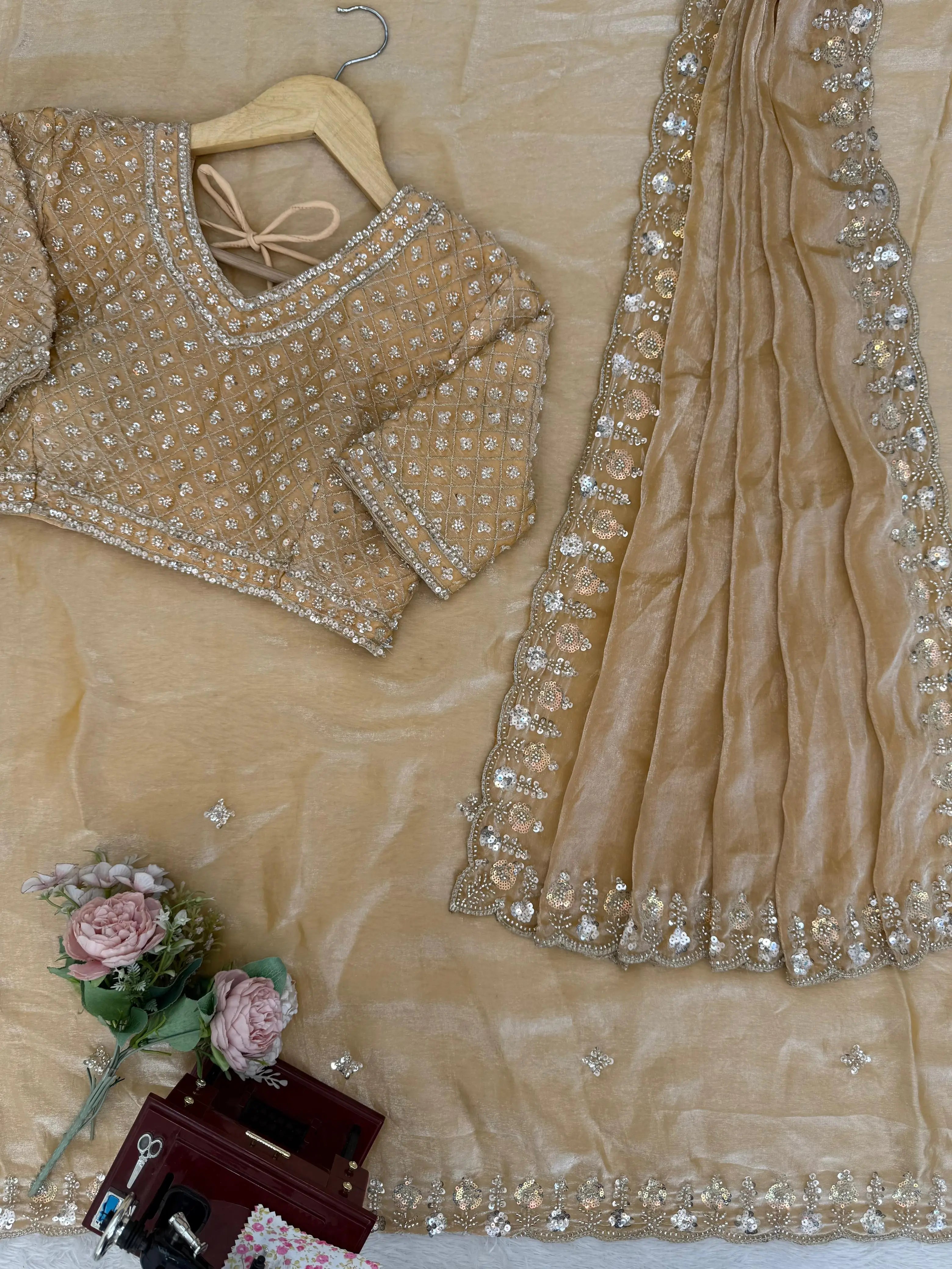 Champagne Gold Designer Saree with Heavy Work Blouse | Party Wear Palu View