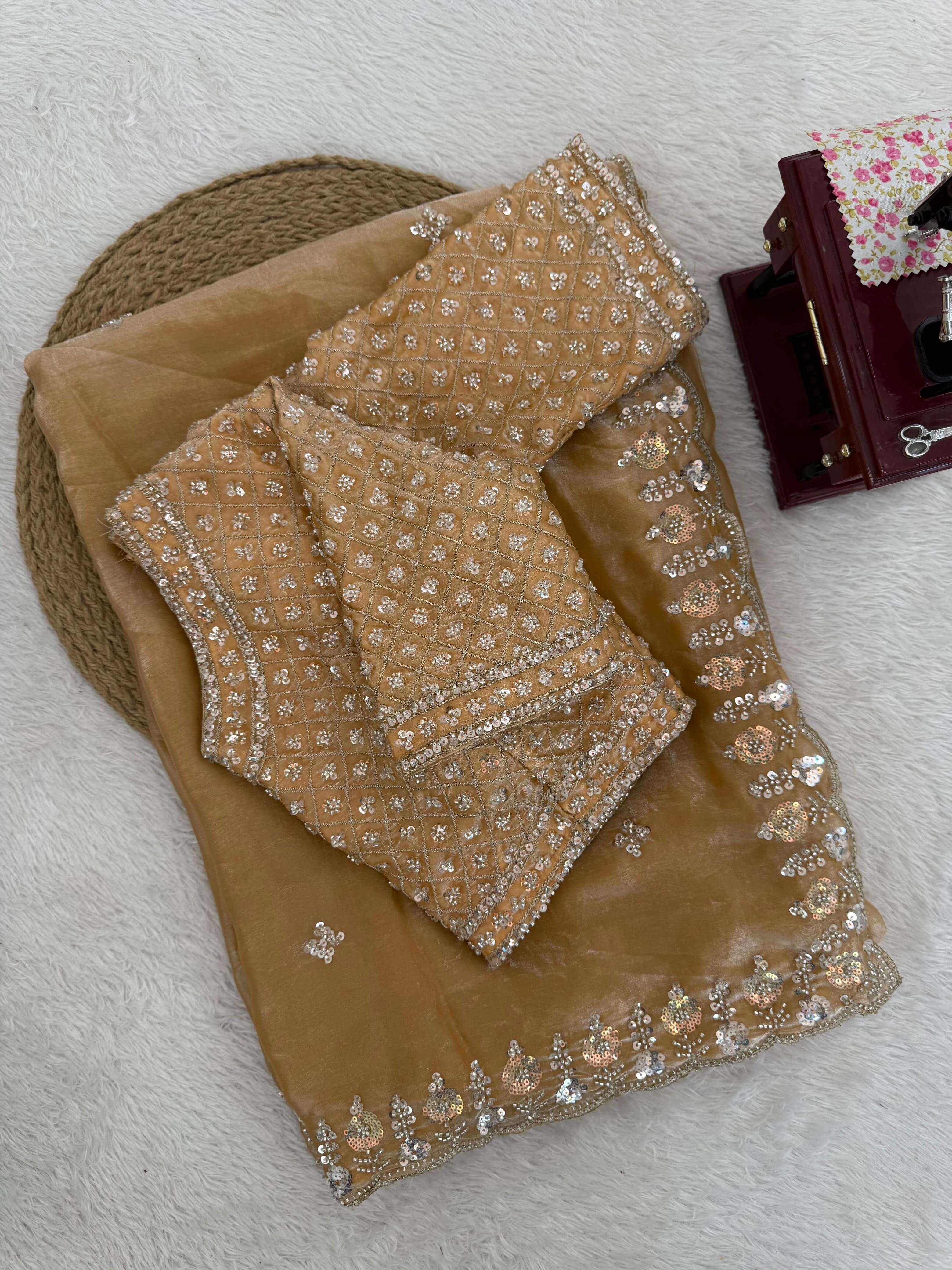 Champagne Gold Designer Saree with Heavy Work Blouse | Party Wear