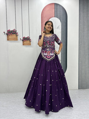 Deep Purple Embroidered Vichitra Silk Lehenga Choli Set