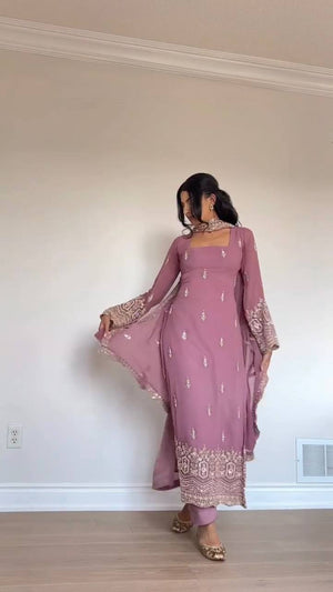 Dusty Rose Faux Georgette Embroidered Straight Suit Set